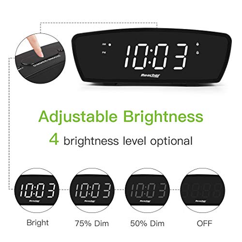 REACHER Simple Dual Alarm Clock with Adjustable Volume for Bedrooms - Large Numbers LED Display with USB Phone Charging Port, Dimmer, Snooze, Easy Operation for Desk Shelf Bedside(Black) - Thumbnail 5