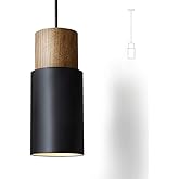 DUHU Black and Wood Pendant Light,Modern Kitchen Pendant Light Over Island,Industrial Metal Lampshade,Single Hanging Light E2