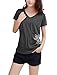 Allegra K Women Casual V Neck Short Sleeve Letters Prints Pocket Front Tee Shirt Grey,Medium (US 10)