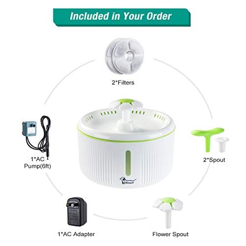 Cat Water Fountain with Water Level Window & LED Light,Flower Pet Drinking Dispenser with 2 Tops,2L Automatic Silent Dog Water Dispenser Feeder Bowl with 2 Replacement Filters for Cat Dog Bird - Thumbnail 7