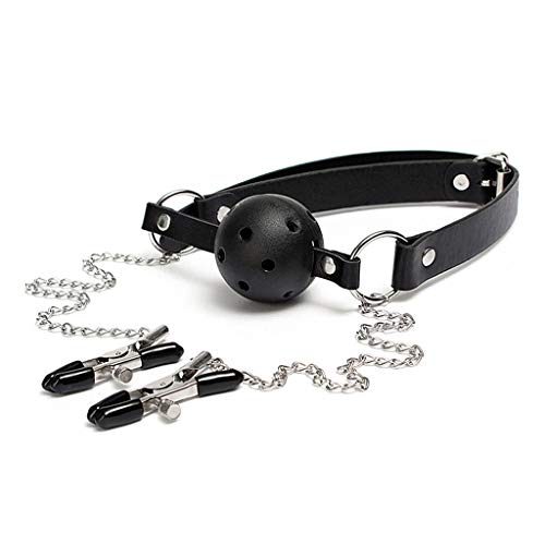 WRZHL-Giocattoli-a-Clip-Ni-pple-con-Catena-di-Metallo-Girocollo-in-Pelle-Bocca-Plug-Coppia-Bo-nda-ge-Game-Tshirt