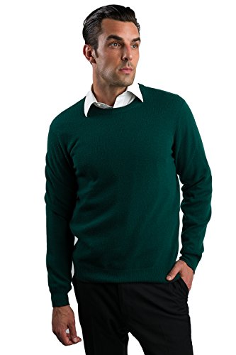 JENNIE LIU Men's 100% Cashmere Long Sleeve Crewneck Sweater (Medium, Green)