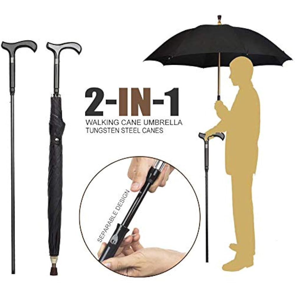 2in1 Walking Sticks Umbrella Windbreak Ribs Cane Crutch Heavy Duty
