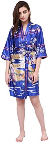 gusuqing Japan Cherry Beauty Women's Printed Kimono Robe Short Bride Robes Royal Blue L