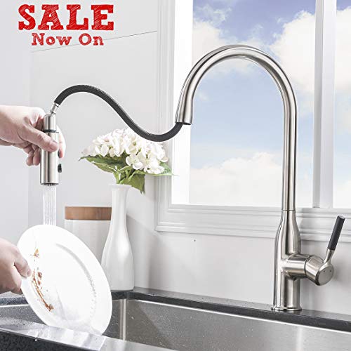 Comllen Commercial Single Handle Pull Down Sprayer Kitchen Faucet,Brushed Nickel Stainless Steel High Arc Kitchen sink Faucet Without Deck Plate