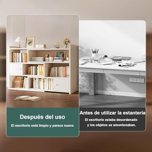 KINKUNCO Librero Organizador de Libros 3 Niveles con cajones librería Extensible en Longitud Estantería, para almacenar Libros en el salón el Estudio o el Dormitorio, Ideal para Organización (Blanco)