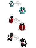 925 Sterling Silver Hypoallergenic Set of 3 Pairs Blue Crystal Flower, Red Lady Bug, Black Cat Stud Earrings for Girls and Womens (Nickel Free) 20509