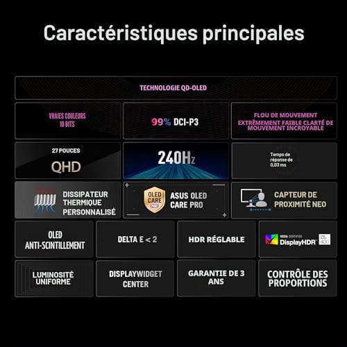 ROG Strix XG27AQDMES 27 Pouces 1440p 240Hz Écran PC Gamer OLED QD-OLED