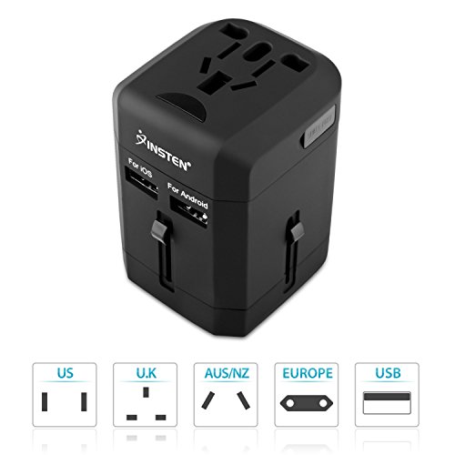 UPC 190152091008, Insten Universal All in One Worldwide Travel Power Plug Wall AC Adapter Charger with Dual USB Charging Ports for US/EU/UK/AU, Black (2016 New Version)