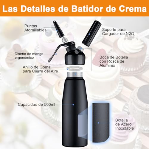 Dispensador de Crema Batida Sifón Crema Batida Máquina Profesional de Batir Crema, Fabricante Espuma de Batido con Sifón 3 Boquillas, Batidor de Crema para Cremas Hechas en Tarta Postre Café, 500ml