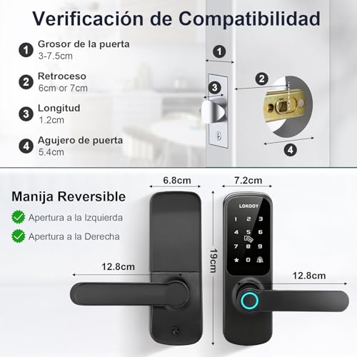 LOKOOY Cerradura Inteligente D1, 5 Métodos de Apertura, TTLOCK App Bluetooth, Huella Digital, Tarjeta IC, Contraseña, Llave física, Apto para 30 mm a 75 mm