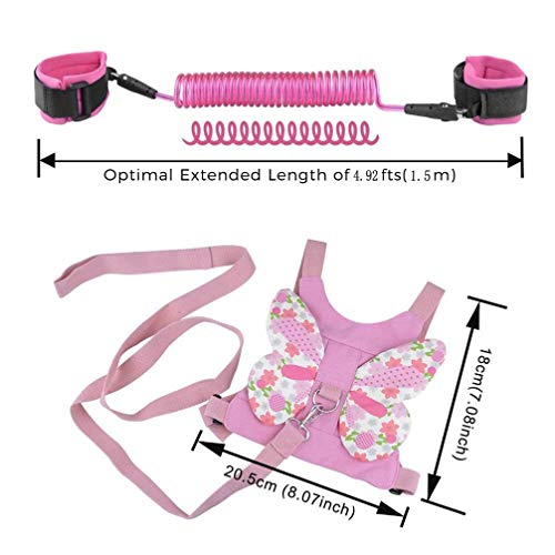 Wenosda 2 Pack Anti Lost Harness Rein Belt Strap & Anti-Lost Wrist Link Safety Band with 360°Rotation Leash Assistant for Toddler/Kids/Babies/Children(Wings Butterfly for Walking + 4.9ft Pink Rope)