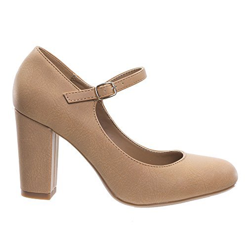 City Classified Women's Closed Toe Ankle Strap Block Heel Light Tan 10