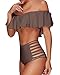 Memory baby Women's Swimsuit Two Piece Leaf Printed Off Shoulder Flounce Bathing Suit (L, Cappuccino Gray)