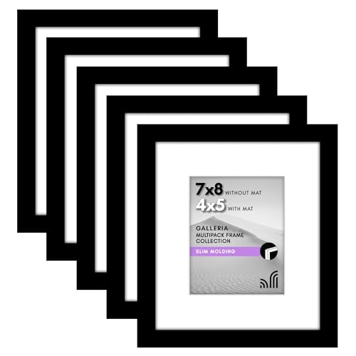 Americanflat 7x8 Picture Frame with Polished Plexiglass - Set of 5 - Use as 4x5 Frame with Mat or 7x8 Frame Without Mat - Galleria Collection - Gallery Frames for Tabletop and Wall Display - Black