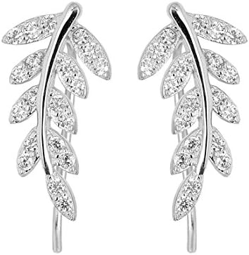Mariafashion Ear Crawler Cuff Earrings Sterling Silver Ear Climber Leaf Diamond Zircon Stud Earrings (White) (White)