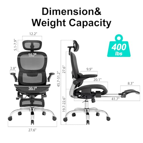 Ergonomic Office Chair,Office Chair with Tilt Function,Mesh Office Chair with Footrest,Ergonomic Chair with Adaptive Backrest, Adjustable Headrest,SGS Class 4 Gas Clylinder and Flip-Up Armrests