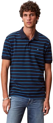 Uomo Maglietta Polo Maniche Corte Striped Pique con Chiusura con Bottoni, Blu (Dark Sapphire), M
