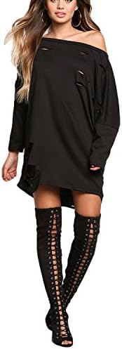 Black Distressed Tunic Sweater Top-Black-S