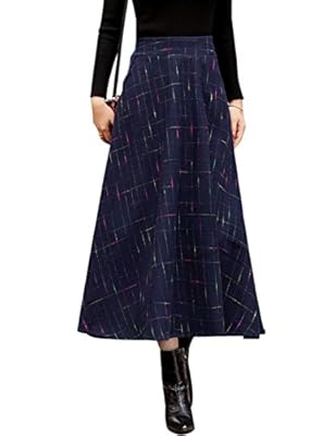 Tanming Women's Elastic Waist Wool Plaid A-Line Pleated Long Skirt