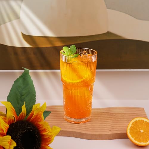 WeirdUncle Vintage Ribbed Glasses, Set of 6, 20oz Tumblers, Large Capacity, Origami Design, Fluted for Water, Iced Coffee, Beer, Tea, Latte