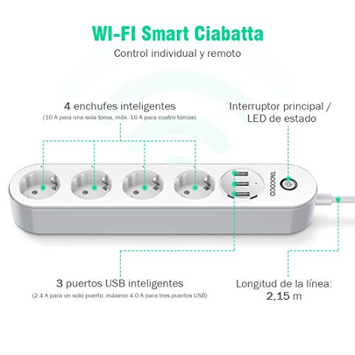 TAOCOCO-Regleta-inteligente-Smart-Power-Strip-con-4-zcalos-y-3-USB-Admite-control-por-vozControl-remotoTemporizador-para-la-aplicacinCompatible-con-Alexa-Google-Home-e-IFTTT-Multiplex-Smart