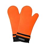 Detachable Silicone Oven Mitt - 1 Pair of Extra Long Professional Heat Resistant Potholder Gloves - Orange
