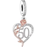 50 50th Birthday I Love You Forever Rose Gold Heart Bead Pendant 925 Sterling Silver Dangle Compatible With Pandora Moments Charm Bracelet