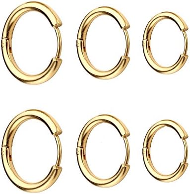 3 Pairs Surgical Stainless Steel Round Hinged Endless Hoop Earrings Piercing Jewelry Huggie (Gold)