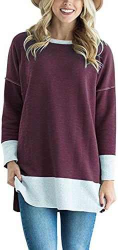 TrendiMax Women Casual Long Sleeve Color Block Crew Neck Sweatshirt Loose Tunic Tops With Side Slit