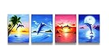 youkiswall art Seaview Modern dolphins Giclee Canvas Prints Artwork Contemporary Landscape Sea Beach Pictures to Photo Paintings on Canvas Wall Art for Home Decorations Wall Decor 4pcs/set
