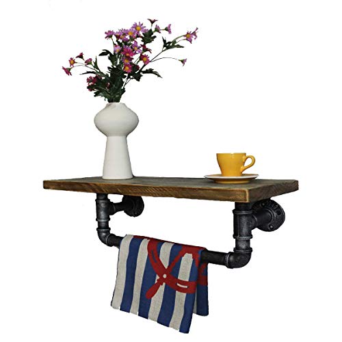 Diwhy Industrial Pipe Shelf Shelving Pine Wood and Pipe Towel Rack - Multiple Shelves (Wood 01, 24")