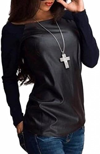 xtsrkbg Womens Fashion Crew-Neck Faux Leather Patchwork Top T-Shirts