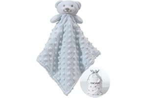 CREVENT Cozy Plush Baby Security Blanket Loveys for Baby Boys, Minky Dot Front + Sherpa Backing with Animal Face (Blue Bear)