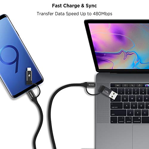 4 in 1 Multi USB Charging Cable with Data Transfer, Lecone 1.2m/ 4FT Nylon Braided Cord Charger Adapter with USB C x2/Micro USB/USB Ports for Android and Type C Devices[Black] - Thumbnail 5