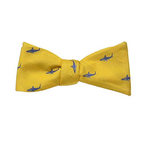 SummerTies Shark Bow Tie - Blue on Yellow, Woven Silk, Adult Tie Yourself Bow Tie
