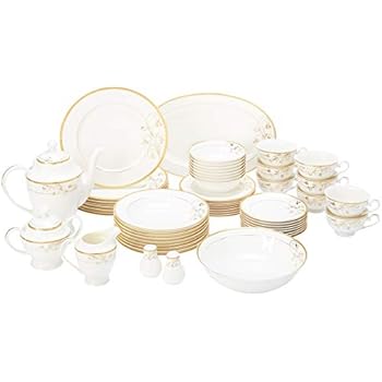 Lorren Home Trends La Luna Bone China 57-Piece 24K Gold Floral Design Dinnerware Set, Service for 8