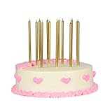 SkyQor Birthday Cake Candles Gold metallic long and thin - festive wedding, birthday, party cake decorations set, with holders 14 pack