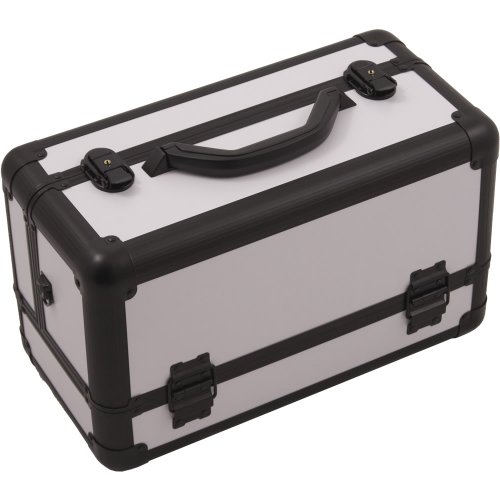 HIKER Makeup Train Case HK3101 Professional Aluminum, 3 Tier Tray and Brush Holder, Locking with Shoulder Strap, White Matte