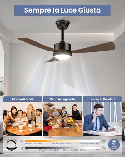 Airwit Ceiling Fan with Light 106 cm, Wood Effect Blades, Silent Ceiling Fan with Remote Control, Dimmable LED, Reversible DC Motor, 6 Speeds for Living Room Room