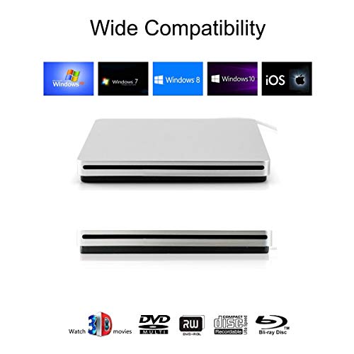 External Blu Ray Drive, USB 3.0 Blu Ray Burner 3D 4K CD DVD BD Player Write Read CD DVD RAM Combo Ultra Slim Re-Writer Superdrive for Notebook Ultrabook Laptop Desktop (Sliver) - Thumbnail 5