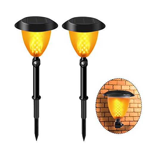WdtPro Solar Lights, 2-in-1 Waterproof Flickering Flames Torches Lights Outdoor Solar Spotlights with Charging Indicator, Dusk to Dawn Auto On/Off Solar Torch Lights for Patio Deck Backyard(2 Pack)