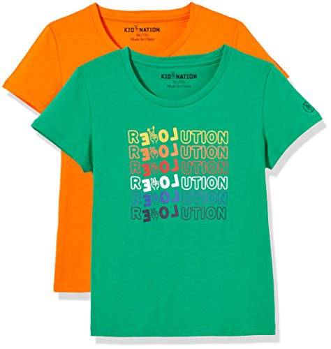 Kid Nation Kids' 2 Pack Crew Neck Solid and Graphic T-Shirts for Boys or Girls S Green+Orange