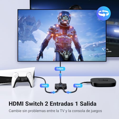 Switch HDMI 2.0 4K 60Hz 2 Entradas 1 Salida Comutador Bidireccional 1 In 2 out 2K 1080P 120Hz HDR CEC Dolby Atmos Compatible con PC PS5 PS4 Xbox TV Stick Chromecast TV Box (Negro)