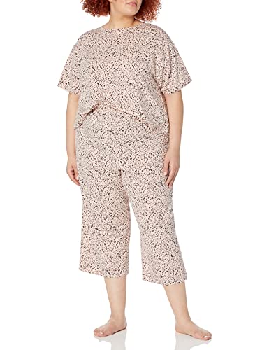 Amazon Essentials Women's Cotton Modal Knit Jersey Capri Pajama Set, Soft Sleepwear, Wide Leg Loungewear, Beige Leopard, XX-Small