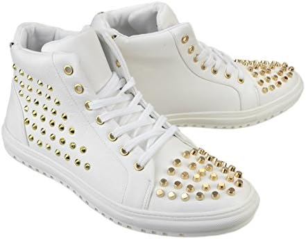 ENDEVICE Mens High Top Sneakers Casual Shoes Lace Up Back Zipper Studs Sneakers White 40 EU (US Men's 8 M)