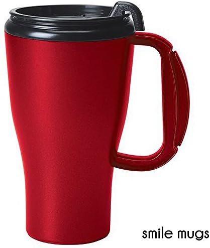16 Oz. Red Travel Mug - Prevents Spills, Keeps Hot Drinks Hot and Cold Drinks Cold - BPA-Free Double Walled Plastic Mug with Lid - Ergonomic Handle - Fits Most Drink Holders by Smile Mugs