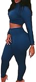 Women's Long Sleeve Hoody Crop Top and Ripped Pant Suit