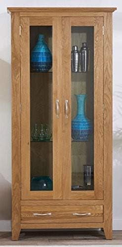 Hallowood Camberley Glass Display Cabinet in Light Oak Finish | 2 Door 1 Drawer Cupboard Shelving | Solid Wood Storage Unit, CA2403