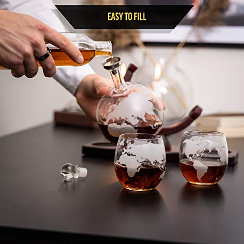 Moho Premium Whiskey Decanter | Handmade Globe Decanter Set With 2 Glasses | Durable Borosilicate | Ship In A Bottle | Perfect Gift | Liquor Dispenser for Whiskey, Bourbon, Scotch | Includes 9 Stones